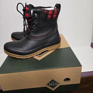 NEW MUCK Black/Red Buffalo Plaid Leather Duck Boots Lace Size 7W NIB